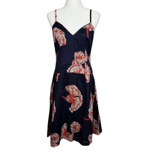 JANET RUSSO Babydoll Sundress Navy Blue and Orange Large Floral Print 8 Resort